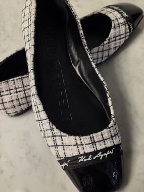 Karl Lagerfeld Black and White Tweed Pointed Slip-On Flats with Patent Toe